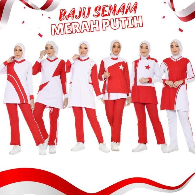 NANO SPORTSWEAR BAJU SENAM MUSLIM MERAH PUTIH / BAJU SENAM MUSLIM WANITA