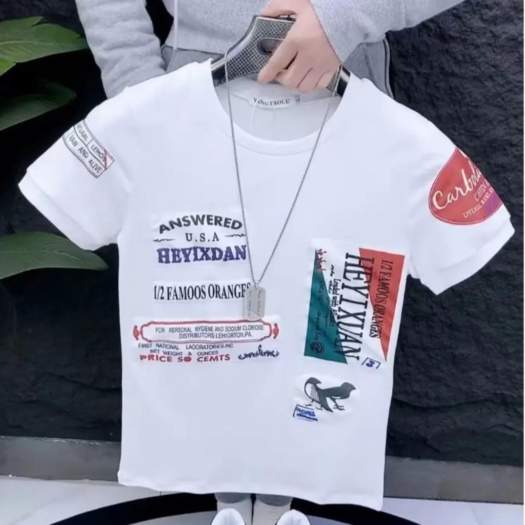 Kemeja Pria Huruf Gaya Korea Bordir Patch Lengan Pendek/Lengan Pendek/T Baju Kaos