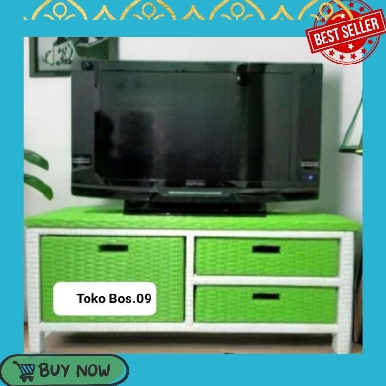 (REDY STOK) Meja Tv Rotan Sintetis Rak Laci 3 Rak Buku Susun