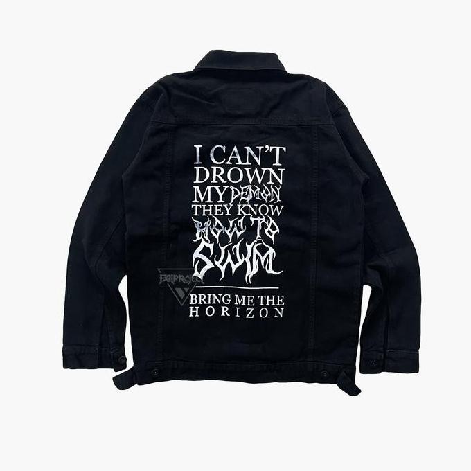 jaket denim sablon jaket jeans PRIA patch bordir bring me the horizon BMTH 010 Panjang Hitam daps