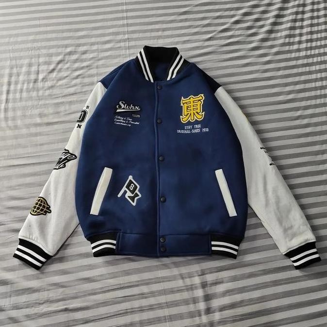 Varsity Baseball Jacket Pria Slvhx Stay True Navy Series (Best Quality)