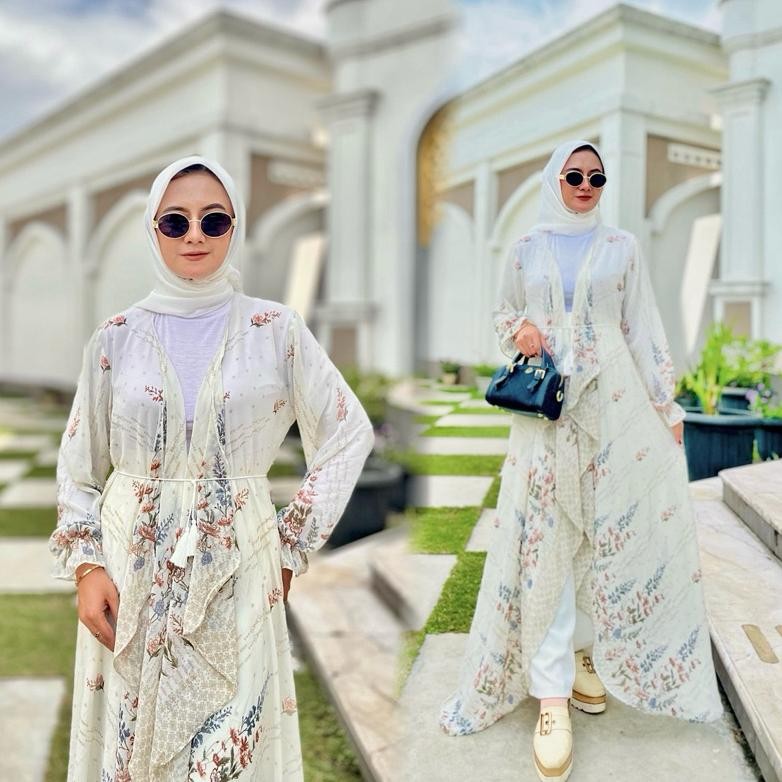 Long Outer Cardigan Wanita Ceruty Motif Remaja Dewasa Kekinian free ikat pinggang cantik mutiara (St