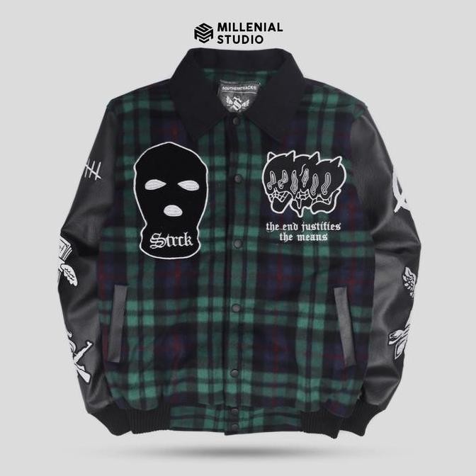 Varsity Jacket Criminal Jaket Kerah Green Flannel Full Bordir Original (Best Quality)