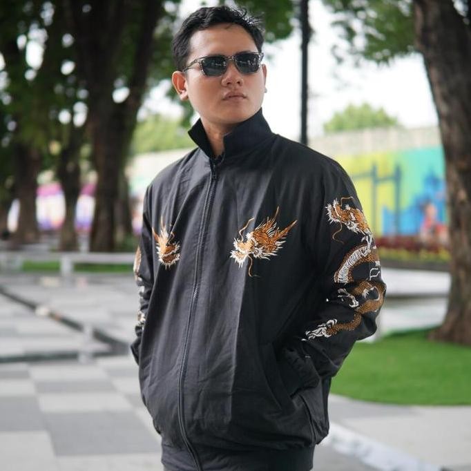 Jaket Naga Pria Dewasa Motif Batik - Model Katun Distro  Santai Panjang Varsity Hitam Keren Nyaman C