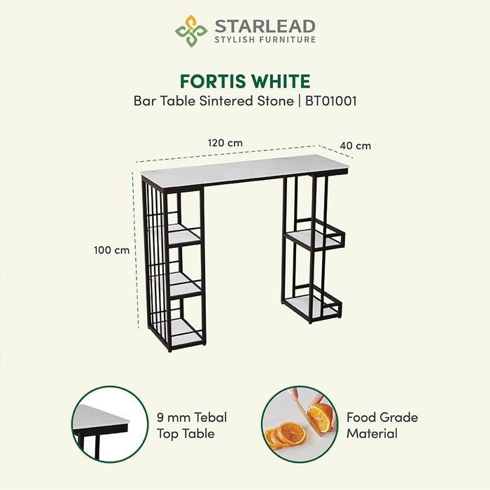 Starlead Set Meja Bar Minimalis Sintered Stone Fortis White - Bar Dining Table Meja  Dapur Mini Ting