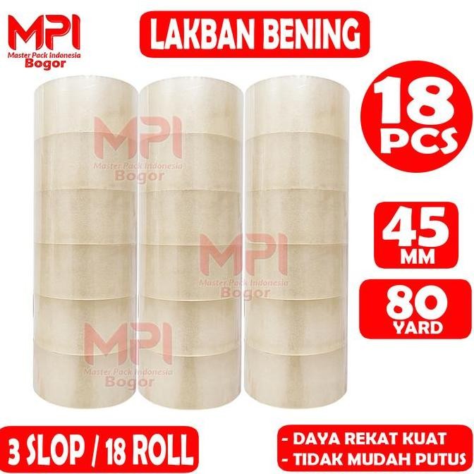 

3 Slop / 18 Pcs - Lakban Bening 45 Mm X 80 Yard - Lakban Untuk Packing Hemat - Master Pack Indonesia Bogor Co