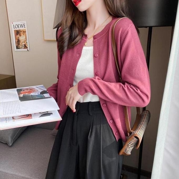 Kardigan rajutan tipis warna polos ramping lengan panjang serbaguna baru Knitwear Wanita Atasan Card