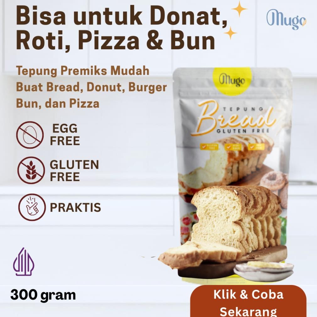 

Mugo Tepung Donat & Bread Gluten Free 300 gram Untuk Donat Empuk, Pizza, Burger Bun & Roti Tawar Sehat