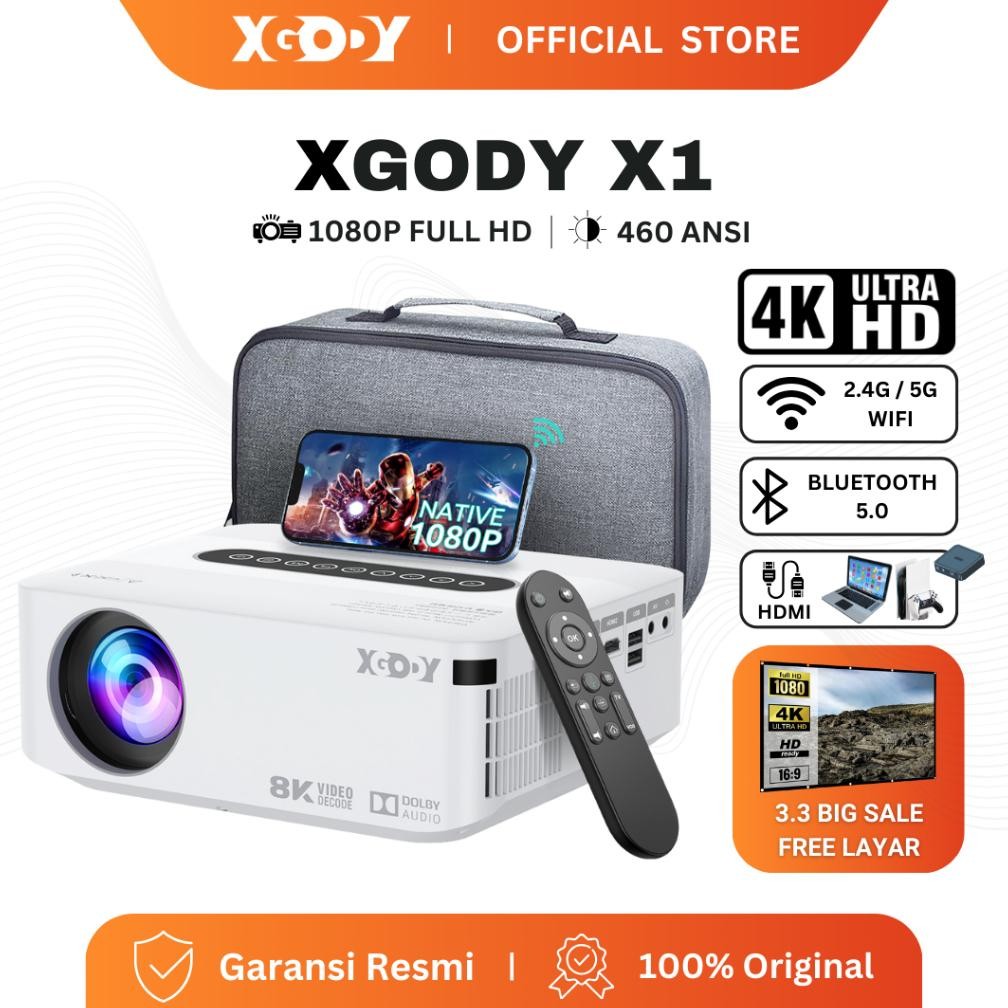 NEW XGODY X1 Smart Proyektor LCD -Android 9 - FHD 1080P -Dolby Atmos -2GB+16GB -Auto Keystone - 460 