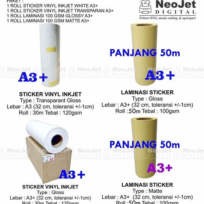 

Paket Sticker Vinyl Inkjet White Transparan Laminasi 100Gsm Glossy Mat Co
