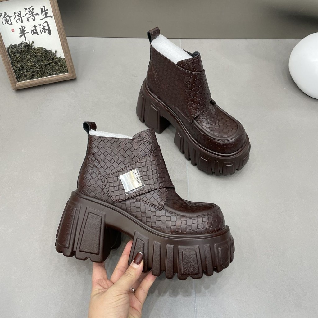 Women's boots, tartan booties, platform height-booster booties, block heel martin boots