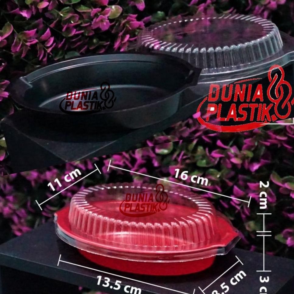 Isi 50Pcs Tray Spaghetti Mika Oval Box Makanan Warna Hitam Merah Tutup Wadah Kemasan Plastik Mie Mi 