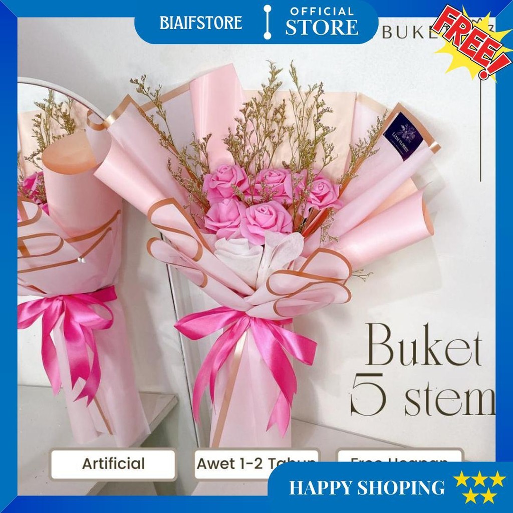 Buket Bunga Mawar 5 Stem Spon/Buket Bunga Artificial Premium/Buket Ulang Tahun Buket Wisuda Promo Pu