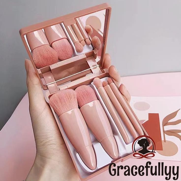 

baru set kuas makeup 5in1 + cermin travel mini brush eyeshadow blush contour - gy