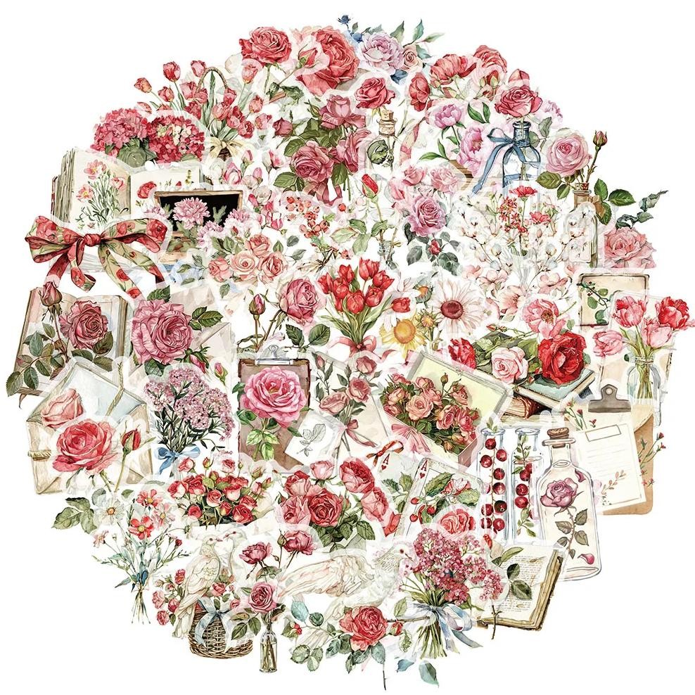 

50PCS Small Fresh Flower Room Time Flower and Letter Flower Plant Plastic Stickers Bookkeeping Material Decorative Stickers