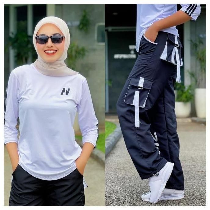 Setelan Senam Dan Olahraga Set Atasan N Putih Lis Hitam dengan Celana Senam Cargo Zumba Parasut Hita