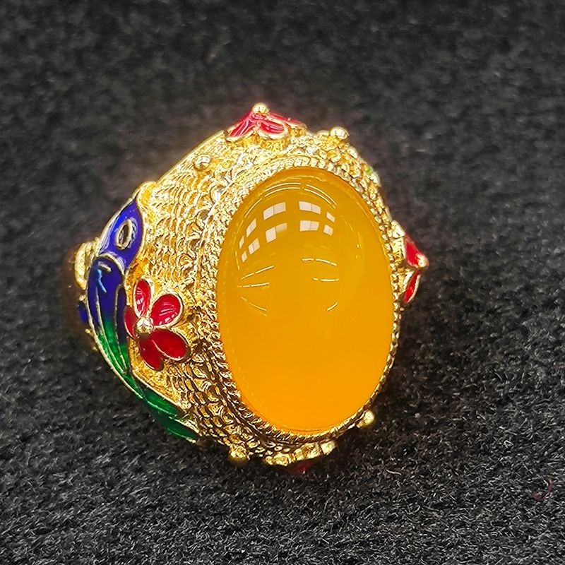 Cincin Giok S925Cincin Agate Kuning Es Perak Agate Merah Alami Chalcedony Cincin Pria yang Dapat Dis