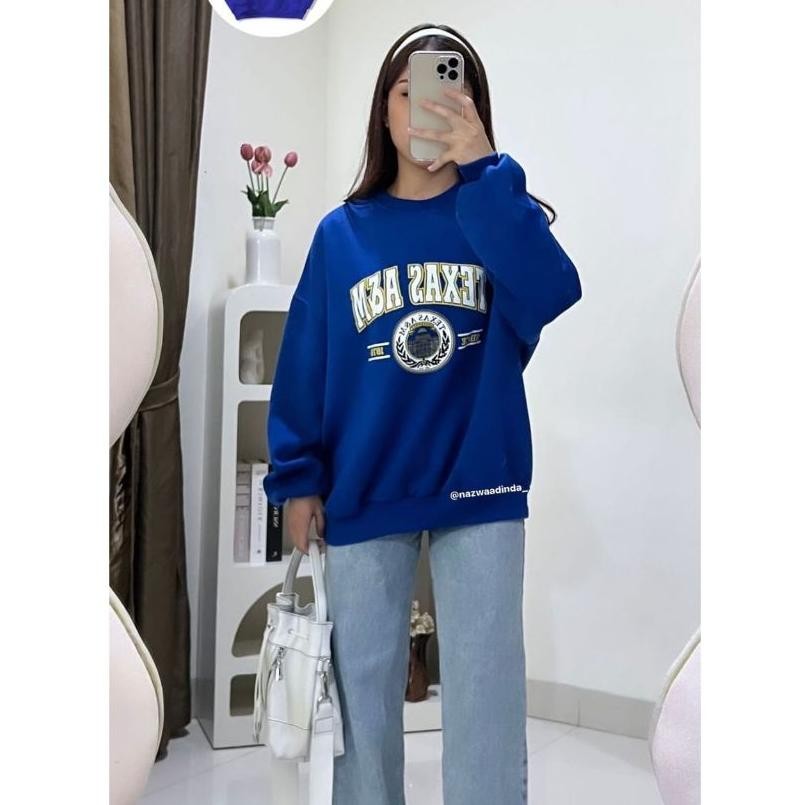 HJK Sweater Crewneck Wanita Oversize Premium Warna Biru Elektrik