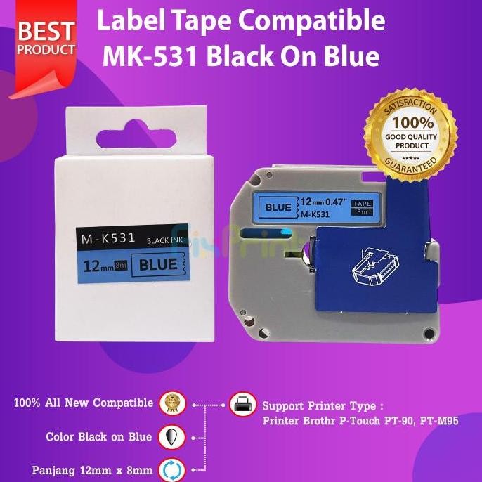 

Compatible Tape Label 12Mm Mk-531 M-K531 Black On Blue Pt-M95 Pt-90 New Stok