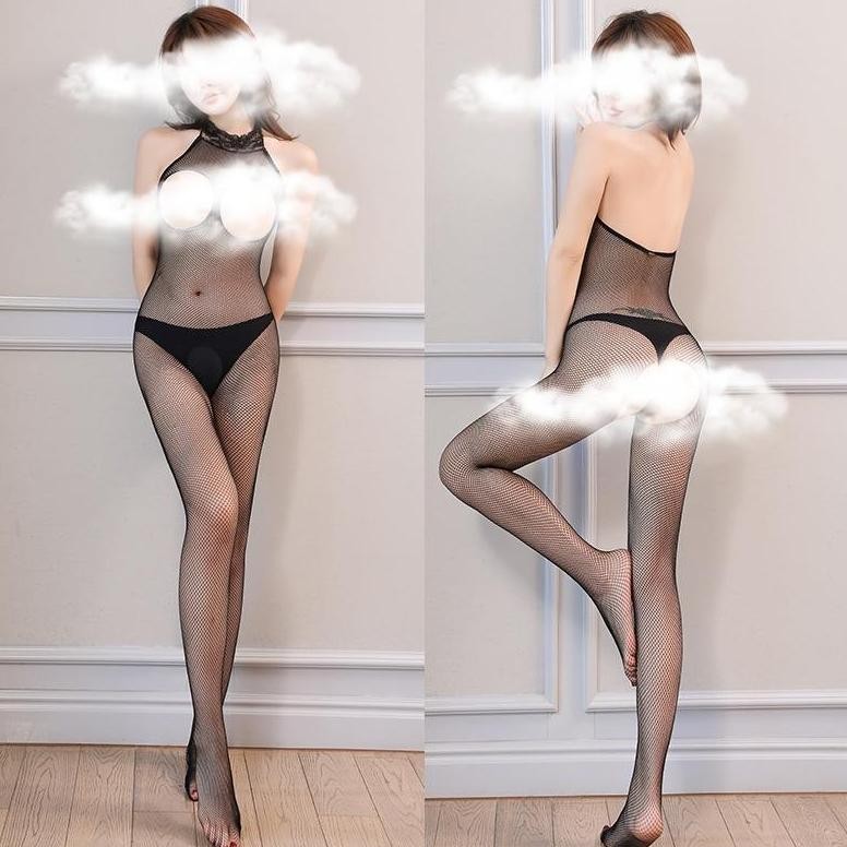 SN LINGERIE SEKSI WANITA BAJU TIDUR SEXY BAHAN SATIN SET LINGERIE STOCKING JARING STOKING HITAM