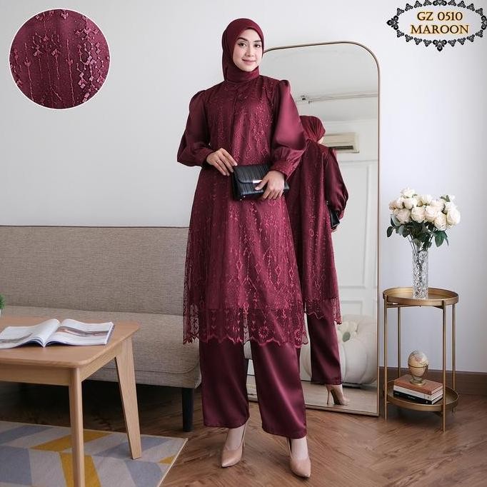 Setelan Celana Brukat Tille Gz 0510 Maroon/ Setcel Brukat Maroon/ Setcel Brukat Remaja/ Setcel Bruka