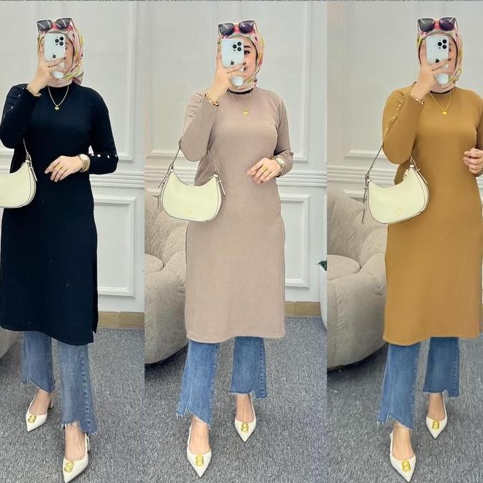 Arshila Atasan Wanita Long Tunik Kaos Knit Rajut Import Polos Inara Terbaru Muslim Cantik Lembut Nya