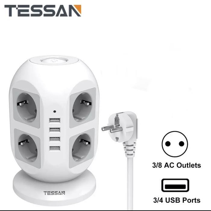 Tessan Jw402-De Stop Kontak 8 Ac Power & 4 Usb Port Power Strip Tower Original Dan Terpercaya