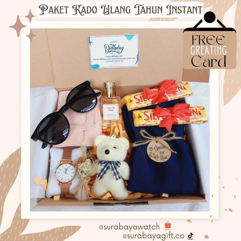 GIFT BOX ULANG TAHUN DOMPET CEWEK HAMPERS SPECIAL UCAPAN Paket Kado Jam Tangan Rantai Pasir Wisuda P