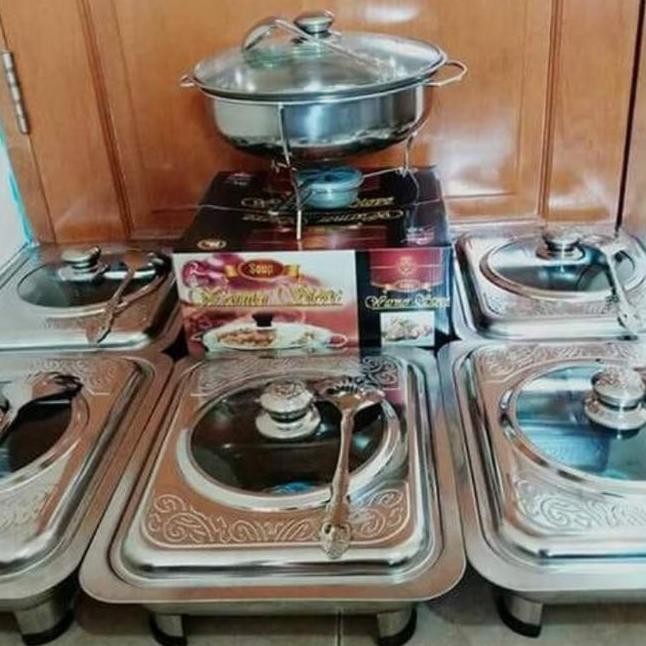 Prasmanan Set Stainless Steel Wadah Saji Sayur Kotak Tutup Kaca Baki