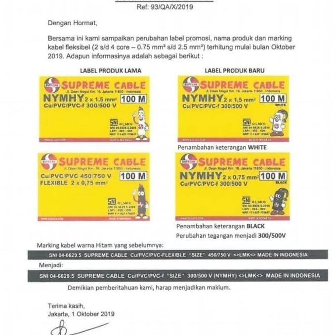 Kabel Nyyhy Supreme 2X0.75 Serabut 2 X 0.75