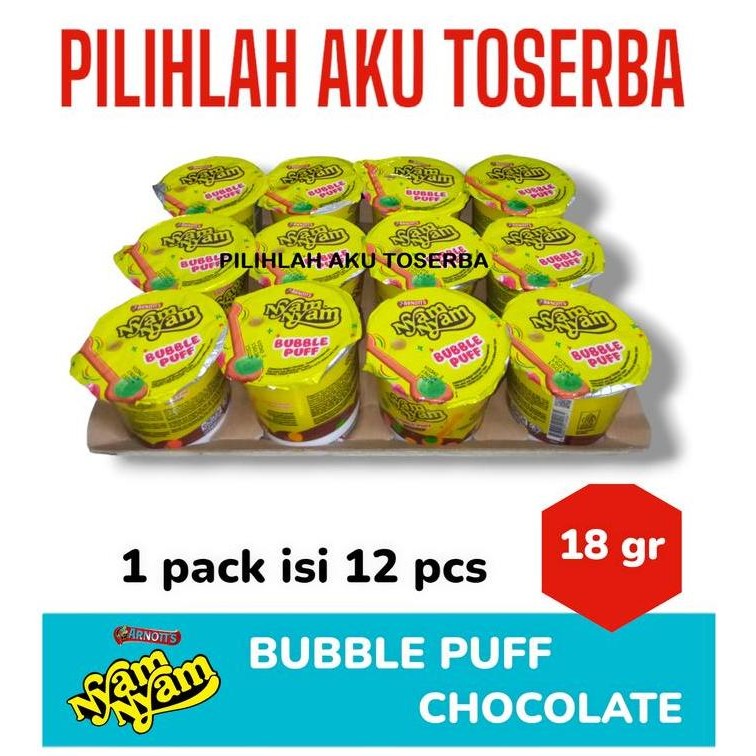 

Arnott's Nyam Nyam Bubble Puff CHOCOLATE 18 gram - ( HARGA 12 PCS )