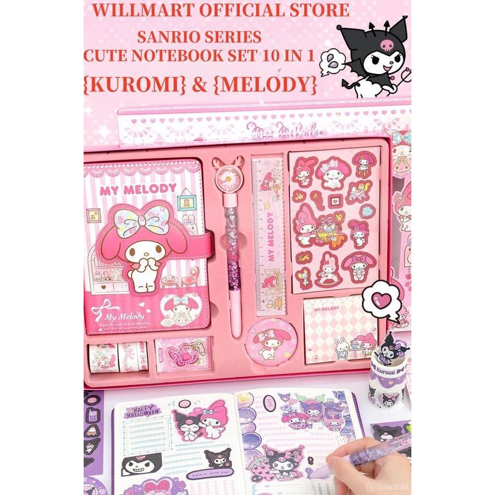 

Sanrio Luxury Notebook Fullset 9 In 1 Gift Box /Diary Gift Box Kuromi & Melody /Notebook Kuromi Set