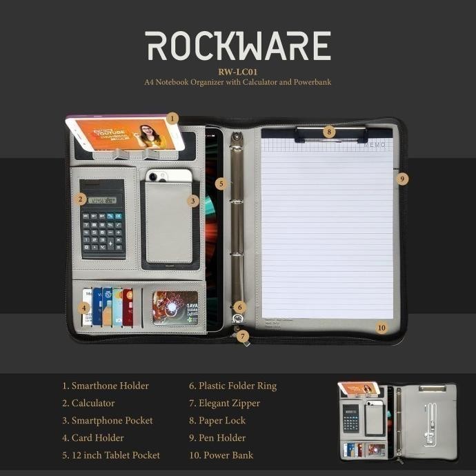 

Rockware Rw-Lc01 - A4 Notebook Organizer With Calculator And Powerbank