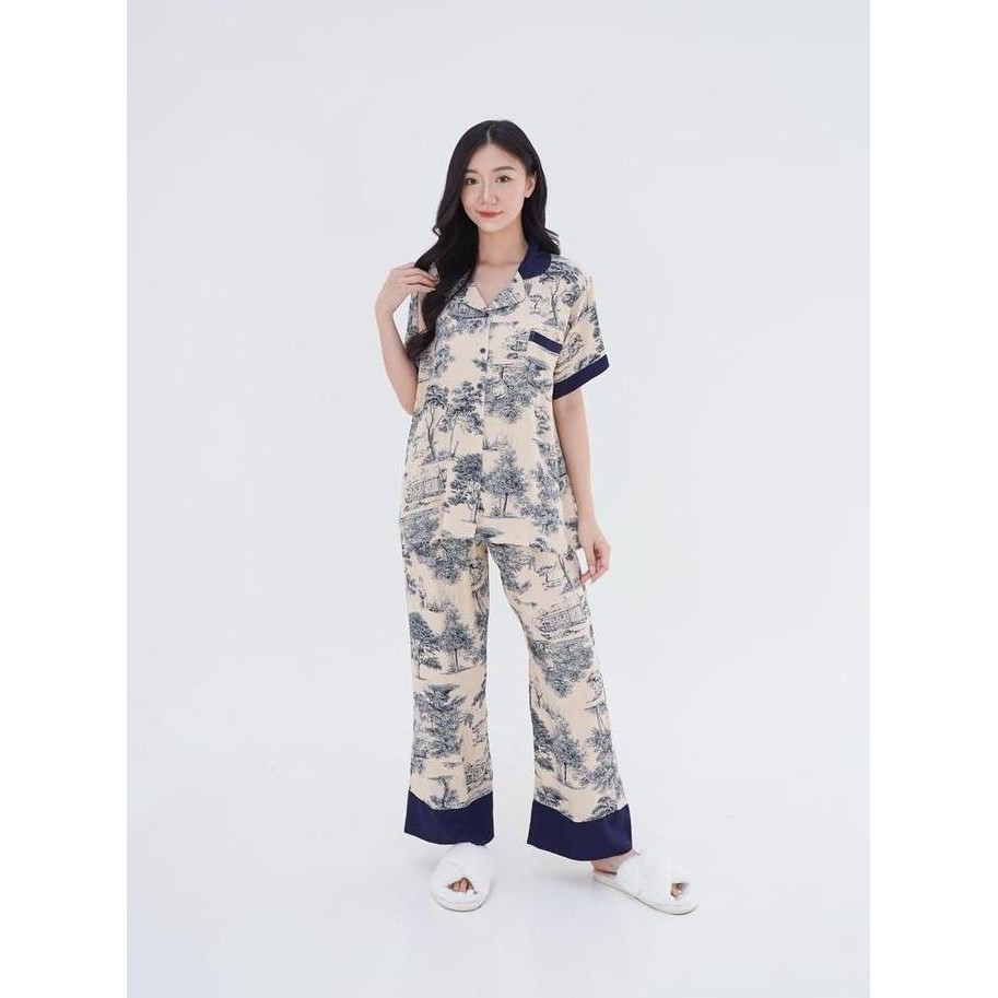 Ladicesleepwear - One Set Baju Tidur Bahan Rayon Premium Motif Setelan Lengan Pendek Celana Panjang