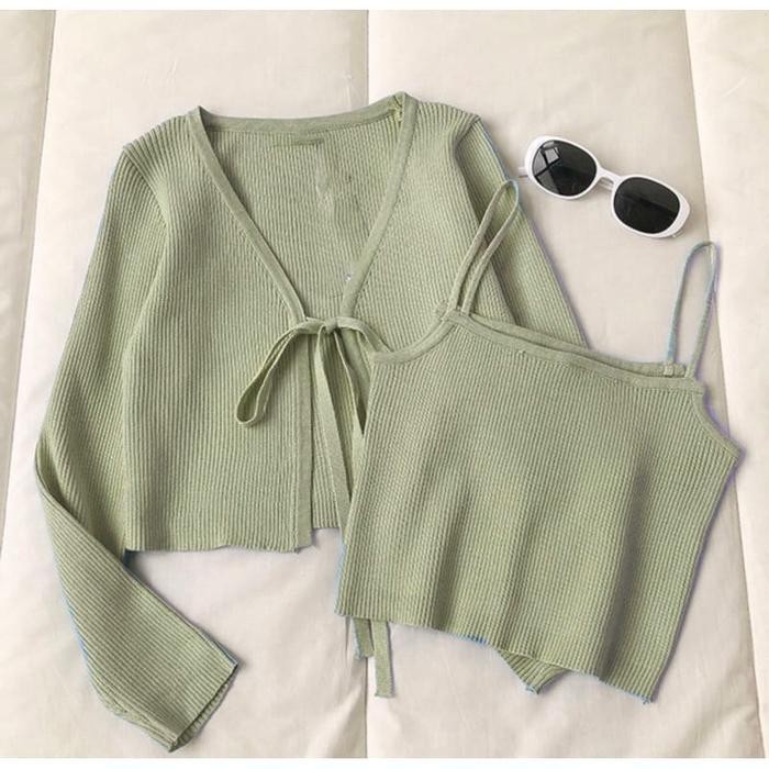 Cardigan Korea Set / Crinuma Crop Set Baju Panjang Wanita Rib Denim Remaja Atasan