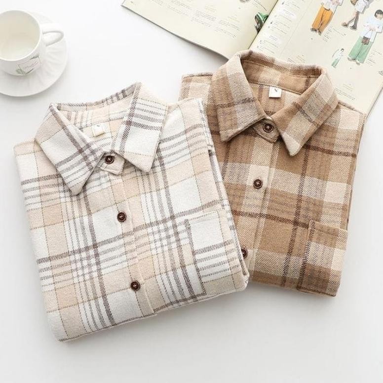 PL30 ty-65 yl-24 Kemeja flanel pria dan wanita lengan panjang motif kotak-kotak kualitas premium Ter