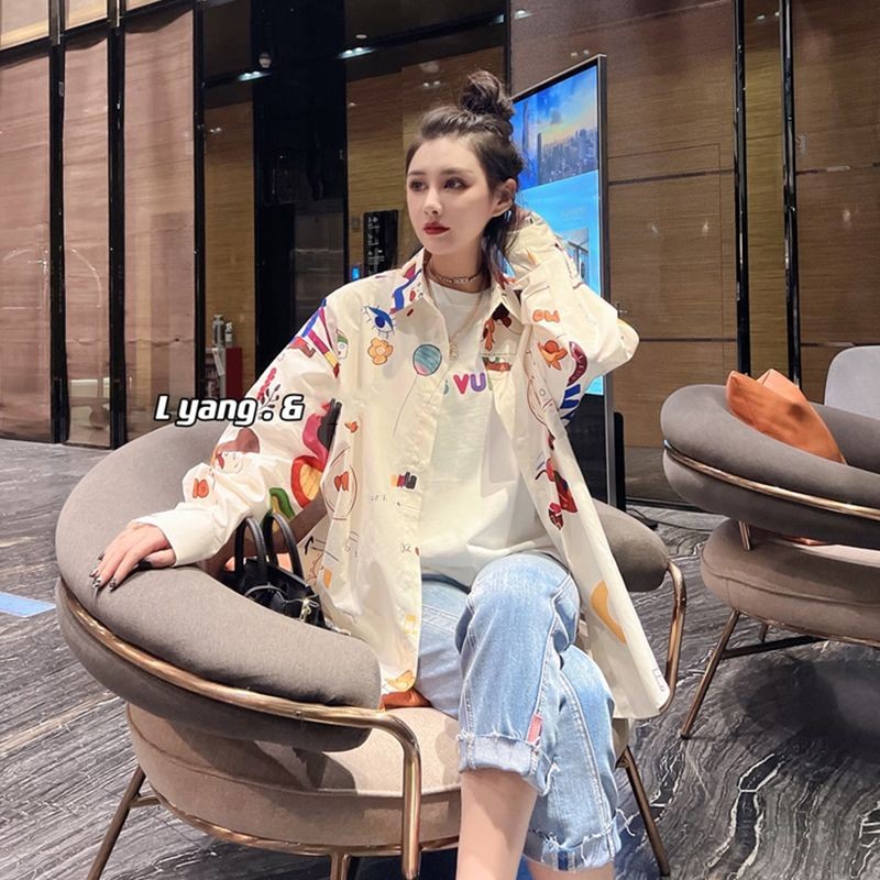 Kemeja Cetak Kartun Ukuran Plus Wanita/Kemeja Lengan Panjang Longgar