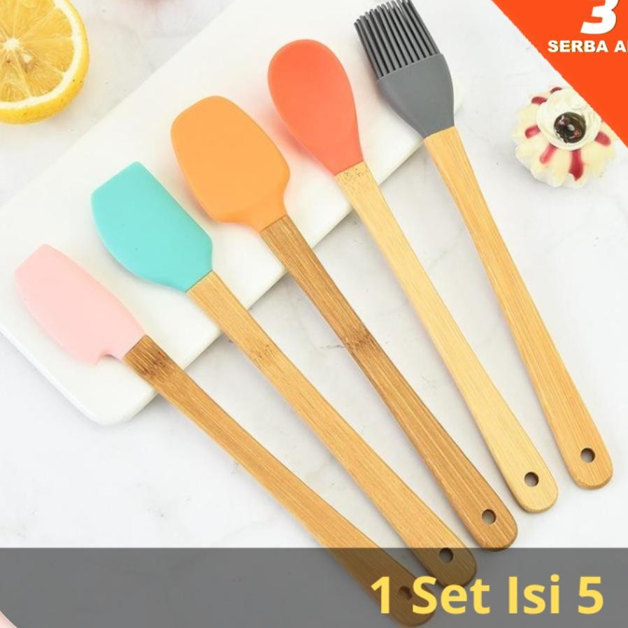 Spatula Set 5 In 1 Mini Gagang Kayu Spatula Silikon Tahan Panas Spatula Set Silikon Tahan Panas Kuas