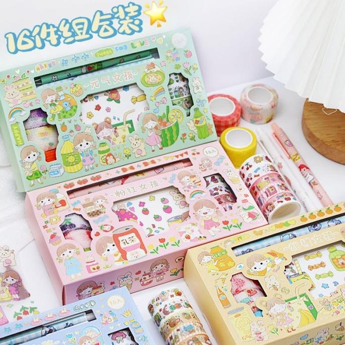 

Produk Baru!! Stiker 1 Set Box + Cutter Stiker+Pulpen Gel Gliter Washi Bear Princess