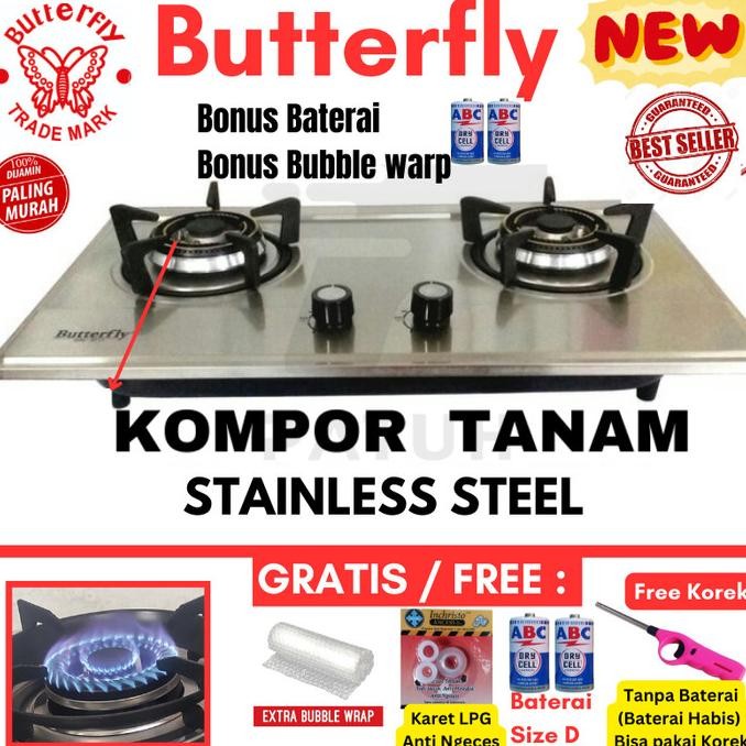 Kompor Tanam Lpg 2 Tungku Butterfly Stainless Steel Kualitas Premium