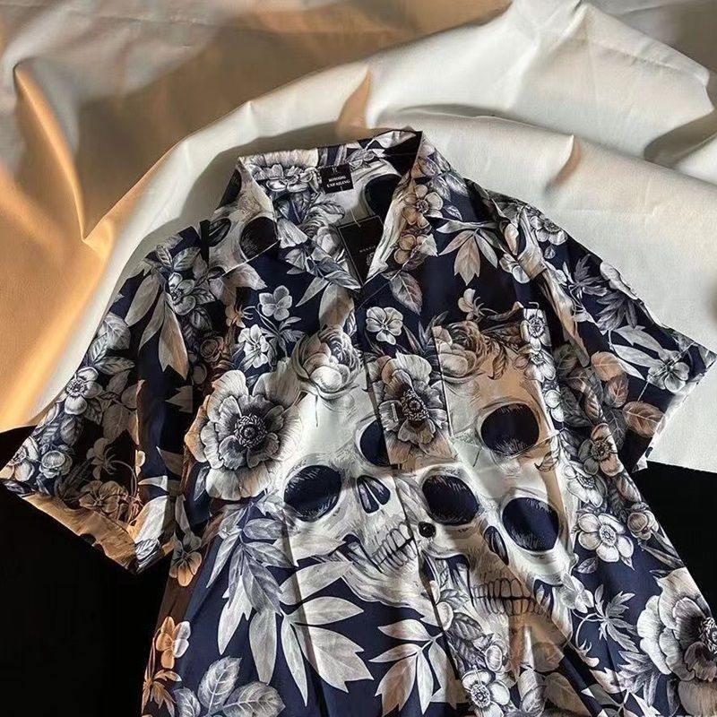 Kemeja Lengan Pendek Pria Motif Tengkorak Bunga Ukuran Besar Vintage Santai