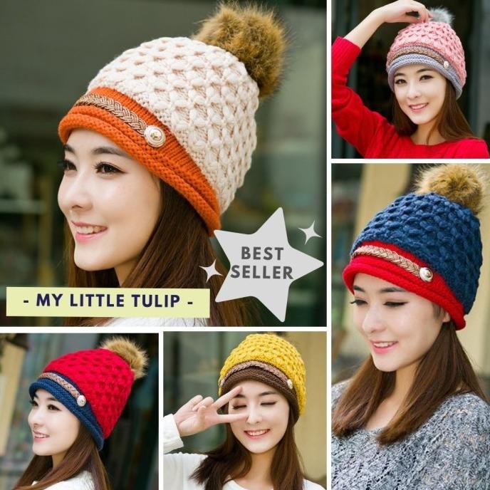 sale topi kupluk rajut wanita mama ibu korea style pom2 musim dingin