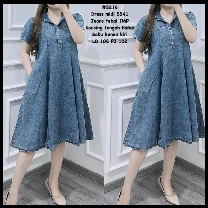 Harga Promo Hijabkiara - Zizah Midi / Midi Jeans Murah / Midi Dress Jeans Muslim Wanita Biru Hitam