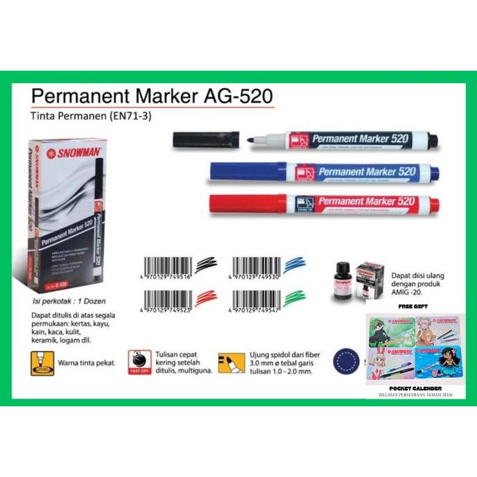 

TERMURAH Spidol permanent marker / snowman permanent marker G-520 Termurah