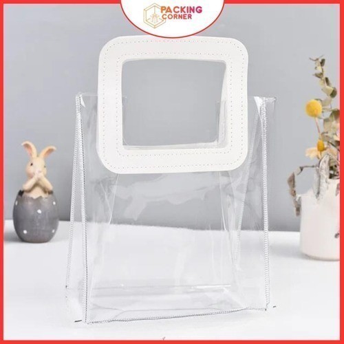 

BELANJA TAS MIKA PVC TRANSPARAN HANDLE PERSEGI KULIT 24X21CM 24 X 21 CM LEATHER GOODIE BAG KANTONG