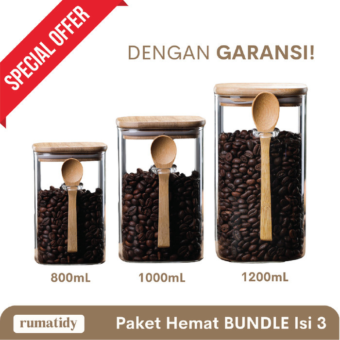 (FULLSET) KEMI Toples Kaca FREE SENDOK KAYU dengan Tutup Kayu