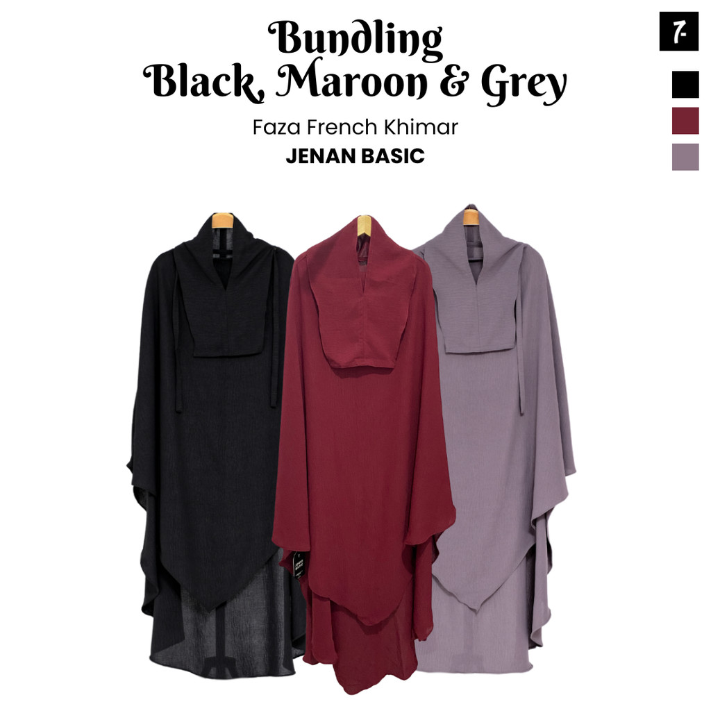 JENAN BASIC Faza FK Instan - French Khimar Instant Anti Tembem - Black, Maroon & Dark Grey [BUNDLING