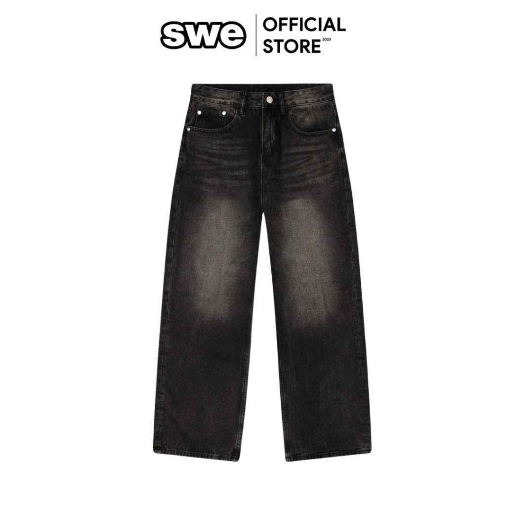 Swe WASHED JEANS Pria/Wanita Kaki Lebar WASHED JEANS - Hitam |2NnFbpGH|