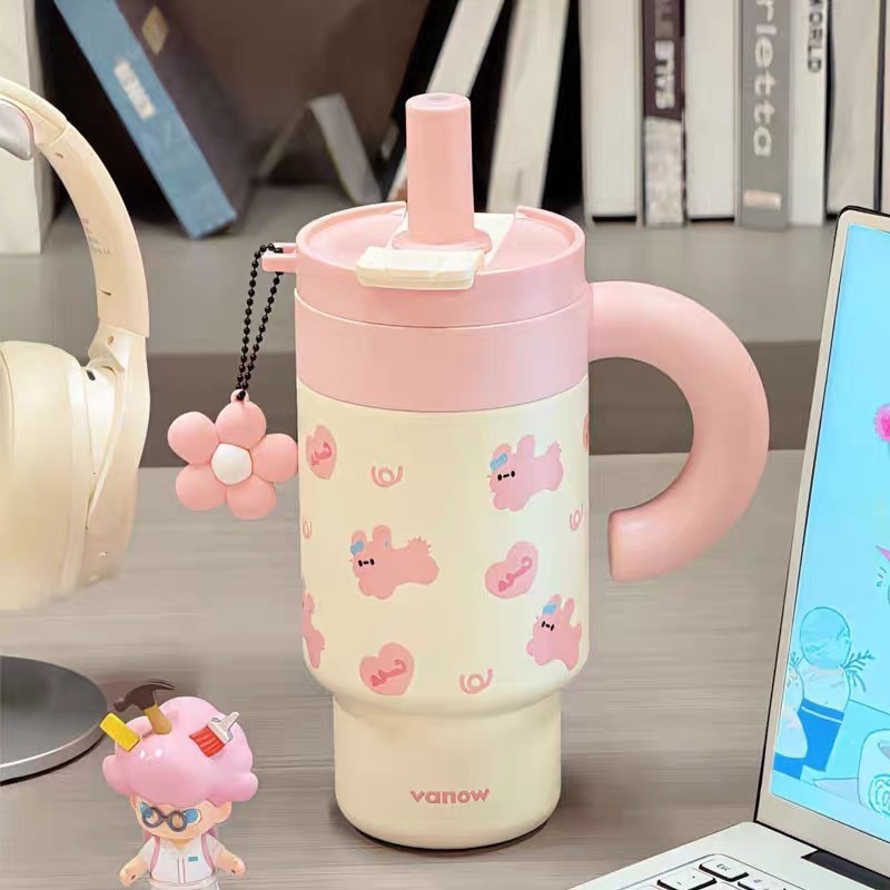 【LUCKY】Gelas Termos VANOW Kapasitas Besar, Sedotan Stainless Steel 316, Tumbler Termal dengan Kotak 