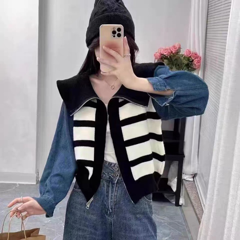 HF5 FOLLATO.ID // SWEETHEART TOP DENIM STRIPES CROPTOP JAKET HOODIE AE1